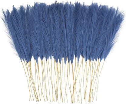 50pcs Faux Pampas Grass, 21.6" Short Artificial Pompous Grass Floral Fake Pompas Grass Branches Vase Filler Flower Arrangement for Home Wedding Boho Decor, Blue