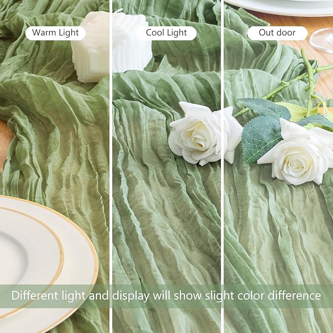 Asee'm Cheesecloth Table Runner 120 Inches Sage Green Boho Gauze Cheese Cloth Runner 10FT Rustic Sheer Fall Table Runners for Thanksgiving Wedding Baby Shower Holiday Party Decoration
