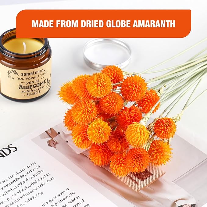Dried Globe Amaranth Flower with Wheat Straw Natural - 40PCS Bouquet for Vase Home Decor Party DIY Arrangement (Orange)