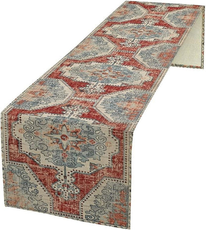 Boho Floral Vintage Table Runner, Retro Blue Red Flower Rustic Country Farmhouse Abstract Pattern for Home Kitchen Table Decor Dining Coffee Room Party Decor 13x60in