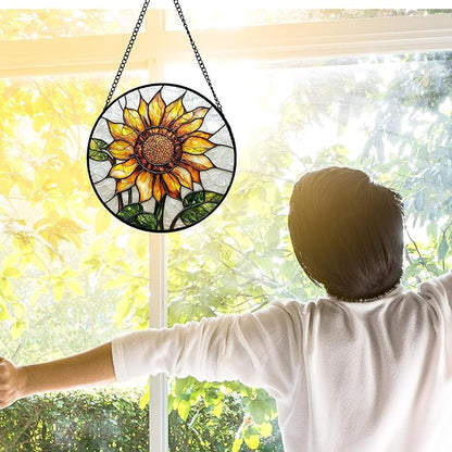 Stained Glass Window Hanging - Sunflower Flower Suncatcher Ready to Hang Window Doors Home Decoration and Christmas, Mother's Day Birthday Gifts for Women, Men, and Mom 6.3x6.3 in