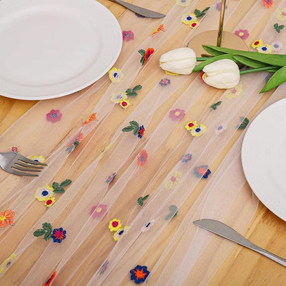 BINBE 1pcs Ivory Daisy Fall Table Runner Embroidery Gauze 10FT Florals Seasonal Tulle Holiday Birthday Kitchen Dining Table Decor for Home Party
