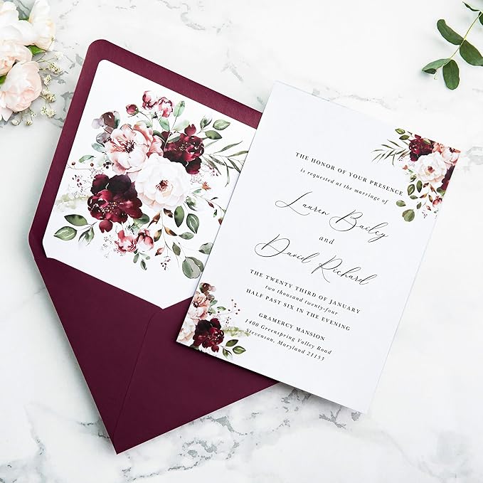 PONATIA 50PCS A7 Euro Flap Envelopes, 5.25 x 7.25'' Burgundy Flowers Liner Envelope for 5x7'' Wedding Invitation Cards, Christmas Gift Cards, Acrylic Invitations, Photos