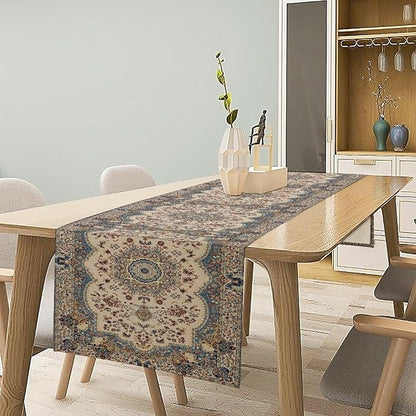 Boho Bohemia Style Table Runner, Vintage Blue Teal Gold Retro Flower Rustic Country Style Floral Print Pattern for Home Kitchen Table Decor Dining Coffee Room Garden Party Decor 13x60in