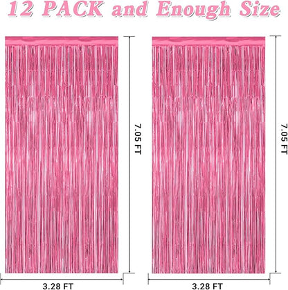 12 Pack Pink Backdrop, 3.28 FT x 7.05 FT Foil Fringe Curtains, Metallic Pink Tinsel Curtain Party Streamer Birthday Backdrop for Girl, Brithday Decorations Bachelorette Party Supplies