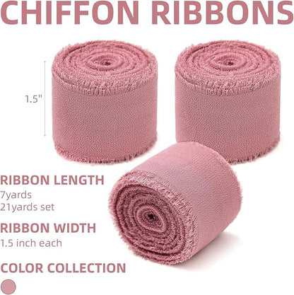 3 Rolls Dusty Rose Handmade Chiffon Ribbon,1.5" x 21Yd Frayed Fringe Silk Mauve Ribbons (3 Rolls *7Yd) for Gifts Wrapping, Wedding Invitations, Bridal Bouquets, Decorations