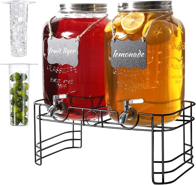 2 Gallon Drink Dispensers for Parties, 2 Pack Beverage Dispensers with Stand, Glass Water Jug Dispenser, with 18/8 Stainless Steel Spigot, Great for Party, Wedding, Picnic, BBQ