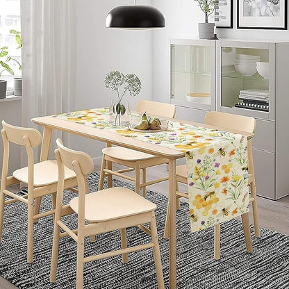 Summer Bee Table Runner, Seasonal Spring Wildflowers Bee Yellow Honeycombs Farmhouse Table Runner for Kitchen Dining Table Home Party Decor, 13x70inch