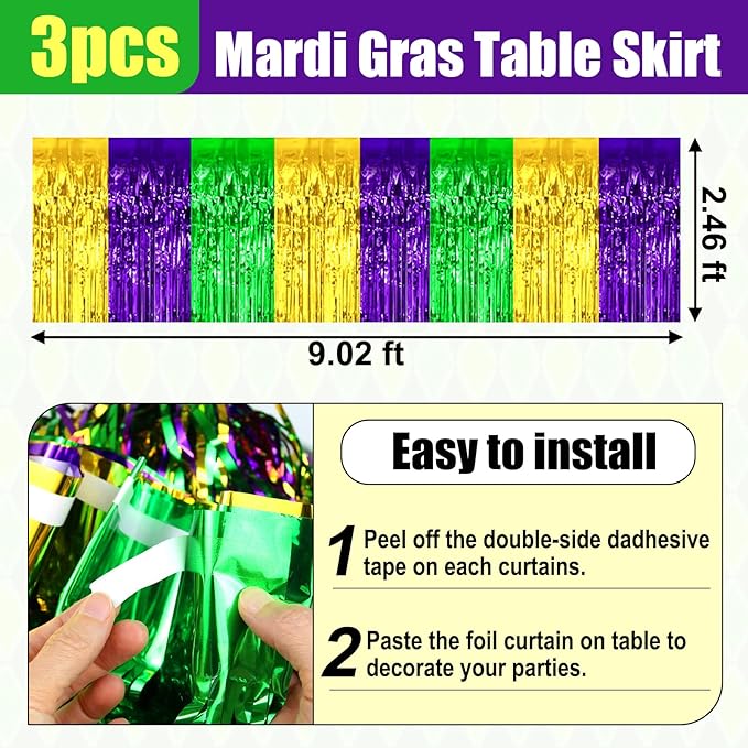 3 Pack 29x108 Inch Gold Green Purple Foil Fringe Table Skirts Metallic Banner for Tinsel Streamer Garland Backdrop for Parade Floats Wedding Thanksgiving Birthday Christmas Halloween Party Decoration