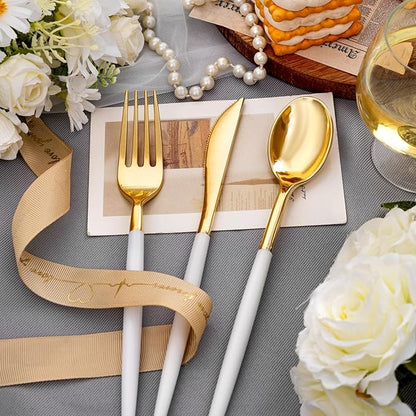 SUT Gold Plastic Silverware, 160Pcs Gold Utensils Set Disposable, 80 Gold Plastic Forks, 40 Gold Knives, 40 Gold Spoons, Gold Plastic Cutlery for Parties, Dinners, Weddings(White Gold)