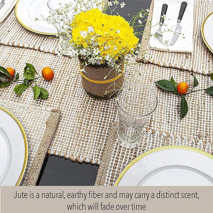 Chardin home Natural Jute Table Runner 13x108 Inch – Vintage Boho Rustic Table Decor – Handwoven Long Table Runner in Natural Jute and Ivory – Farmhouse Dining or Console Table Accent
