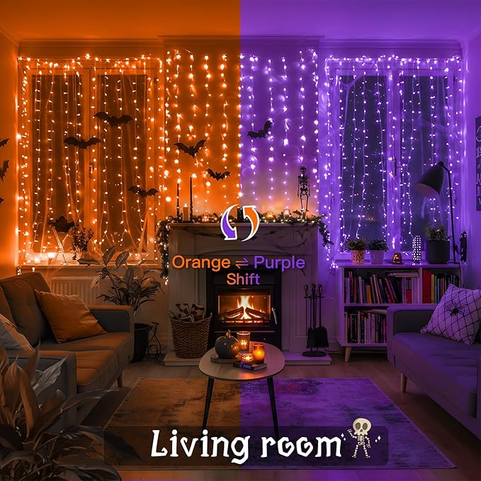 suddus Color Changing Curtain Lights for Halloween, 200 LED 6.5ft x 6.5ft Hanging String Lights with USB, Curtain Fairy Lights Indoor for Bedroom Wall, Party, Porch, Holiday, Purple and Orange