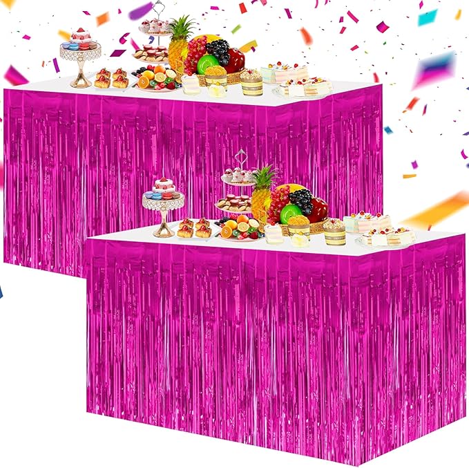 BEISHIDA 2 Pack Metallic Tinsel Foil Fringe Table Skirts for Rectangle & Round Tables Hot Pink Kids' Birthday, Holiday Cartoon Party Decorations for Birthday Valentines Baby Shower Festive Events