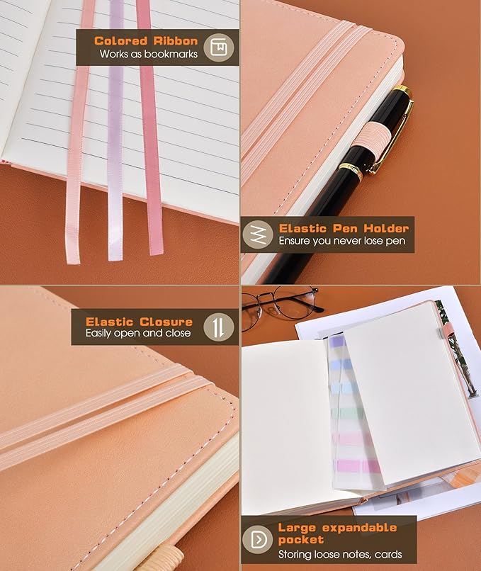 Lined Journal Notebook for Women Men, 256 Numbered Pages Hardcover Leather Journals for Writing, A5 Journaling Notebooks, College Ruled Journal for Business Work School Note Taking 5.75" x 8.38" Pink