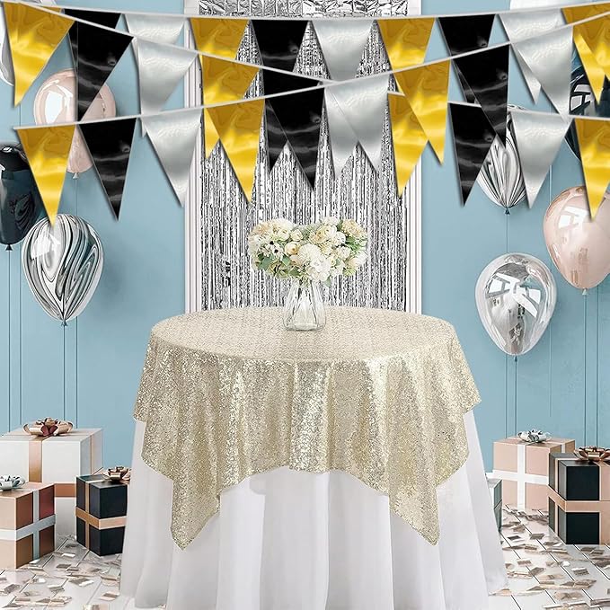 20M/65FT Black Gold Silver Triangle Pennant Banner Flag Metallic Fabric Bunting Garland for Christmas Wall Hanging,Graduation Decorations, New Years Decorations,Father' Da
