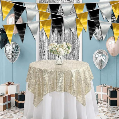 20M/65FT Black Gold Silver Triangle Pennant Banner Flag Metallic Fabric Bunting Garland for Christmas Wall Hanging,Graduation Decorations, New Years Decorations,Father' Da