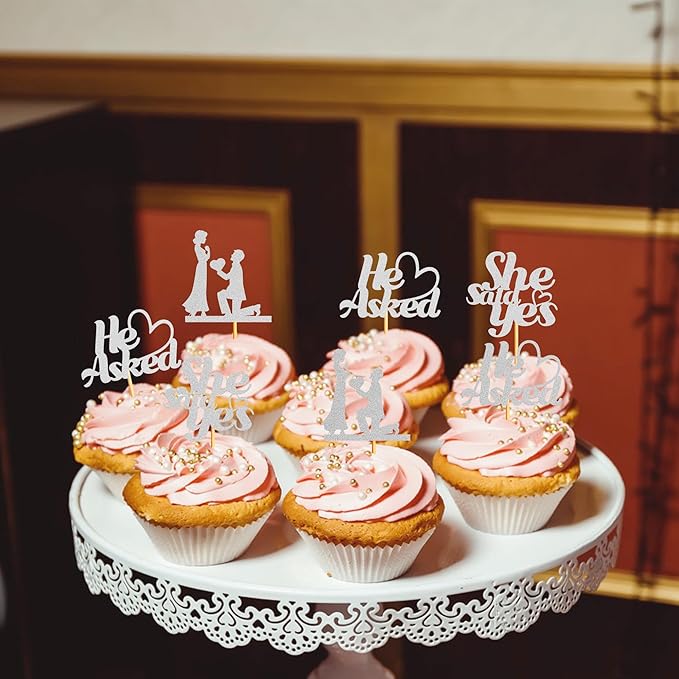 Sotpot 24PCS He Asked She Said Yes Cupcake Toppers With Heart Silver Glitter for Wedding Bridal Shower Wedding Engagement Party Cake Decorations