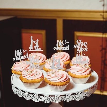 Sotpot 24PCS He Asked She Said Yes Cupcake Toppers With Heart Silver Glitter for Wedding Bridal Shower Wedding Engagement Party Cake Decorations