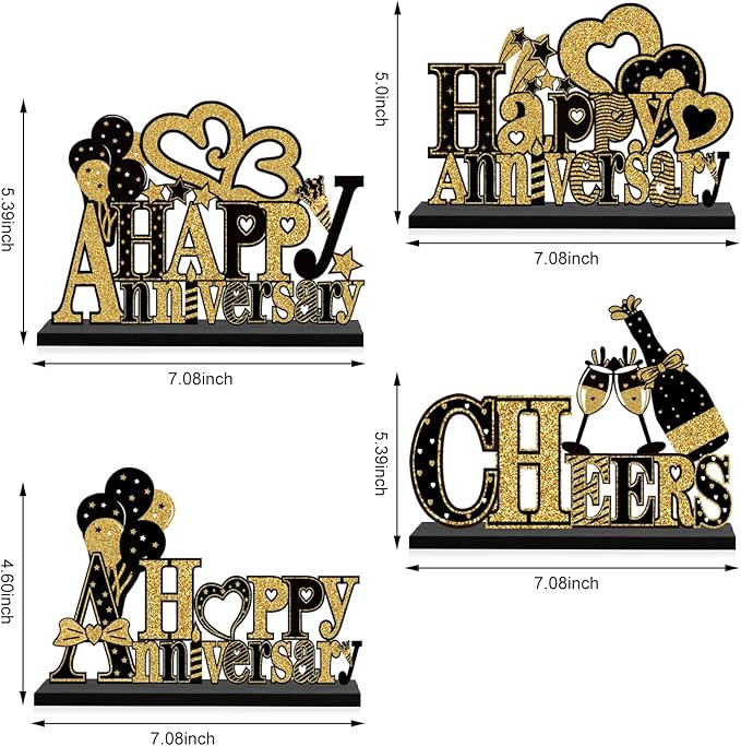 4 Pieces Anniversary Decorations Wooden Table Centerpieces, Black Gold Happy Wedding Anniversary Table Sign Party Supplies, 10th 20th 30th 40th 50th 60th Anniversary Table Decor for Indoor Outdoor