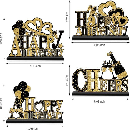 4 Pieces Anniversary Decorations Wooden Table Centerpieces, Black Gold Happy Wedding Anniversary Table Sign Party Supplies, 10th 20th 30th 40th 50th 60th Anniversary Table Decor for Indoor Outdoor