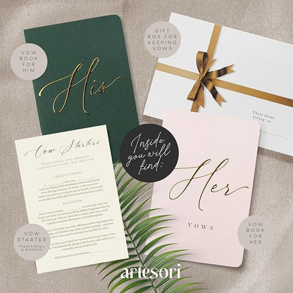 ARTESORI Wedding Vow Book for Her & Him, Soft Touch, Gold Engraving, 28 Lined Pages, Wedding Vow Books His and Hers, Wedding Essentials, Wedding Registry Gifts, His and Hers Gifts [Blush & Pine]