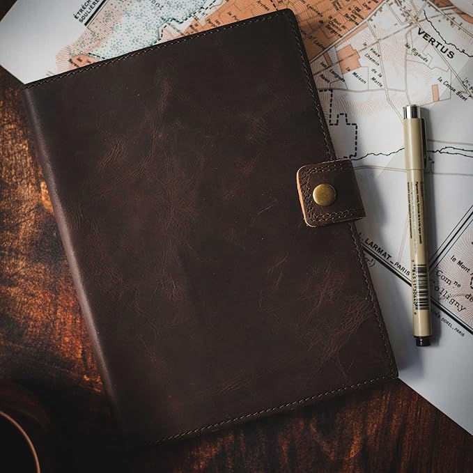 Refillable Leather Journal | Premium Lined A5 Notebook Cover | 200 Ruled Writing Pages | Card Holder Slot | Leather Bound Journals for Men & Women, Best Gift Travel Diary, Cool Planner