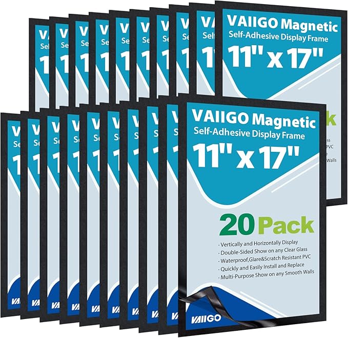 11"x 17" Self Adhesive Sign Holder, Double Sided Window Display Frame with Clear PVC and Strong Magnetic for Office/Home/Store/Door/Glass/Wall (Black, 20Pack)