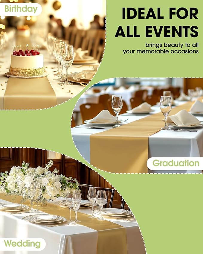 Pureegg Gold Plastic Table Runners - 10 Pack, 14'' x 108'', Water Resistant & Disposable Centerpiece Decorations for Table Cloth, Wedding, Birthday, Holiday, Baby Shower, Party, Home Decor