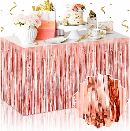3 Pack 29 x108 Inch Rose Gold Foil Fringe Table Skirts Metallic Banner for Tinsel Streamer Garland Backdrop for Parade Floats Mother's Day, Graduate, Birthday, Wedding Party Decoration