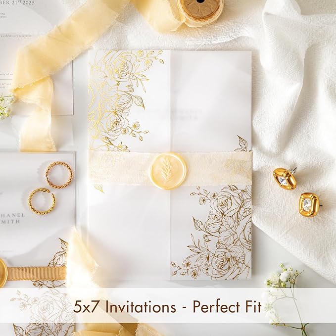 50 Pack Pre-Folded Vellum Jackets for 5x7 Invitations,AZAZA Gorgeous Translucent Invitation Sleeves,115GSM Vellum Jackets 5x7, Wedding Invitation Accessories,for Weddings Birthdays,Golden Roses