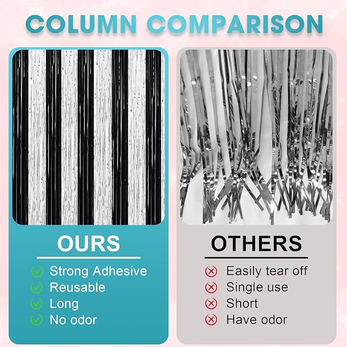 2 Pack Black and Silver Tinsel Foil Fringe Curtains, Black White Party Decorations, Metallic Tinsel Party Streamers Backdrop for New Years Birthday Christmas Graduation Decorations