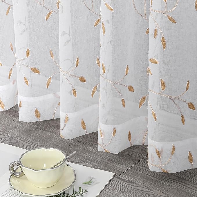 VISIONTEX White Sheer Voile Curtains, Decorative Orange Leaves Embroidery Faux Linen Rod Pocket Window Drapes for Home Kitchen, Living Room and Bedroom 54 x 54 Inch, Set of 2 Curtain Panels