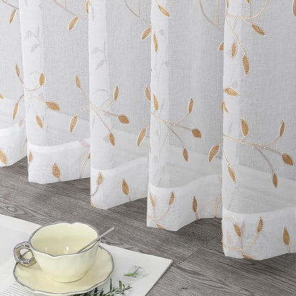 VISIONTEX White Sheer Voile Curtains, Decorative Orange Leaves Embroidery Faux Linen Rod Pocket Window Drapes for Home Kitchen, Living Room and Bedroom 54 x 54 Inch, Set of 2 Curtain Panels
