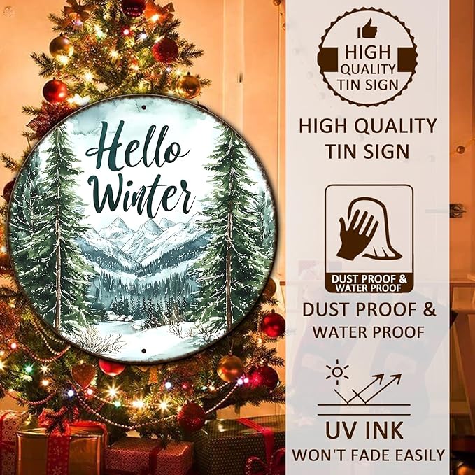 Round Christmas Metal Tin Sign Hello Winter Sign Christmas Pine Trees Welcome Door Sign Xmas Winter Holiday Farmhouse Rustic Wreath Sign for Indoor Outdoor Home Wall Window Decor 8 * 8 in