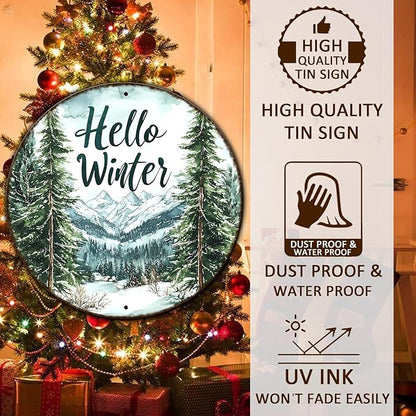 Round Christmas Metal Tin Sign Hello Winter Sign Christmas Pine Trees Welcome Door Sign Xmas Winter Holiday Farmhouse Rustic Wreath Sign for Indoor Outdoor Home Wall Window Decor 12*12 in