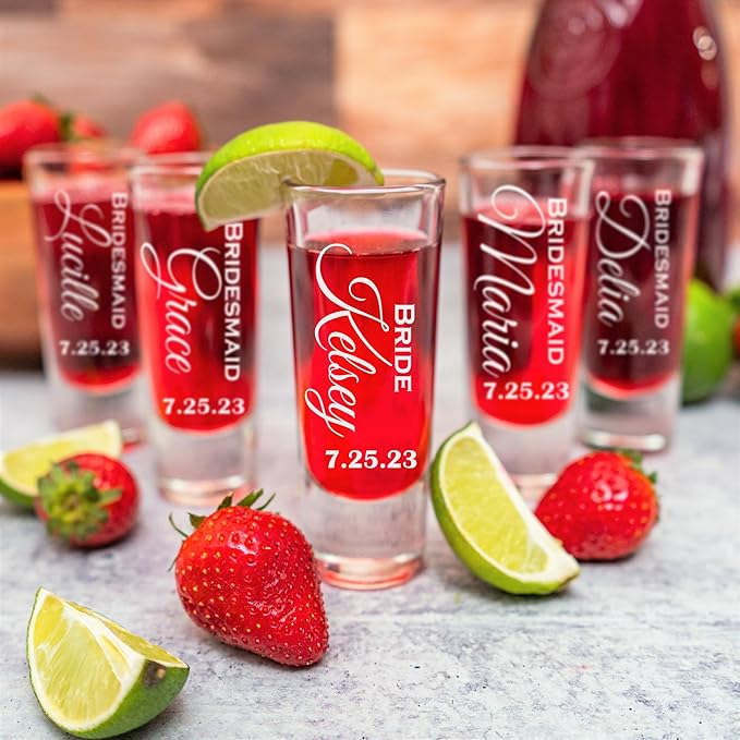 Custom Engraved 2 oz Shot Glass – Personalized Etching – Groomsman & Bridesmaid Gift – Wedding Favor Set of 2