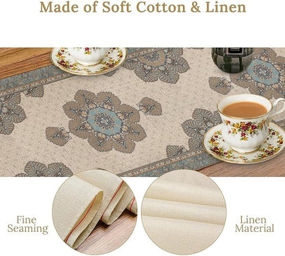 Boho Bohemia Style Table Runner, Vintage Teal Brown Retro Flower Rustic Country Style Floral Print Pattern for Home Kitchen Table Decor Dining Coffee Room Garden Party Decor 13x120in