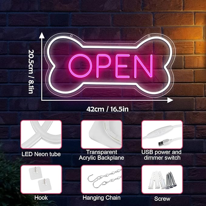 Led Neon Open Sign For Business, Dog Bone Neon Sign Art Pet Shop, Welcome Sign For Business Walls Window Bar Salon Art Hotel Wall Decor