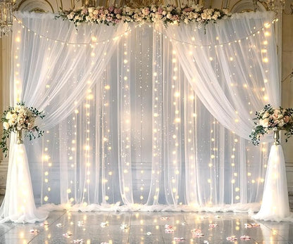 Suppromo White Tulle Backdrop Curtain with Lights String for Parites 20×8ft Sheer Curtains Wedding Baby Shower Birthday Party Photo Shoot Decorations(4 Panels 5ft×8ft)