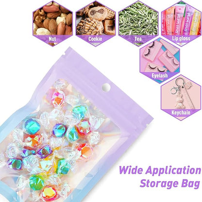 Funfery 100 Pack Gradient Holographic Bags,Mylar Resealable Bags with Zipper,Clear Window Packaging Pouchs,Foil Smell Proof Bag for Food Storage,Sample Jewelry Bag(6.3x9.4In,Purple Blue)