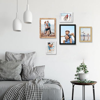 5x7 Picture Frame Set of 4, High Definition Real Glass 5 x 7 Photo Frames for Desktop Display and Wall Mounting(Distressed White+Oak+Rustic Brown+Black)