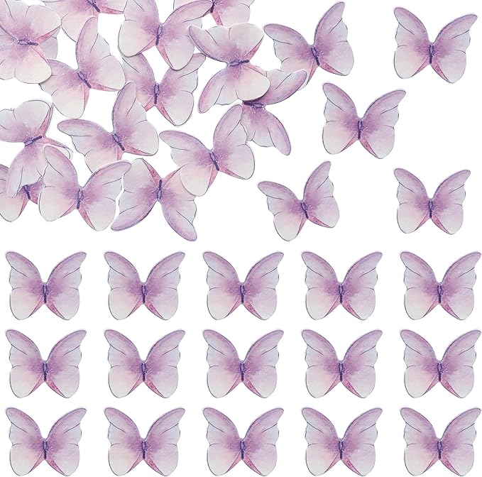 Ephlyn 48Pcs Edible Butterfly Cupcake Toppers Cute 3D Butterfly Cake Picks for Baby Shower Bridal Shower Boys Girls Birthday Party Cake Decorations Supplies Purple
