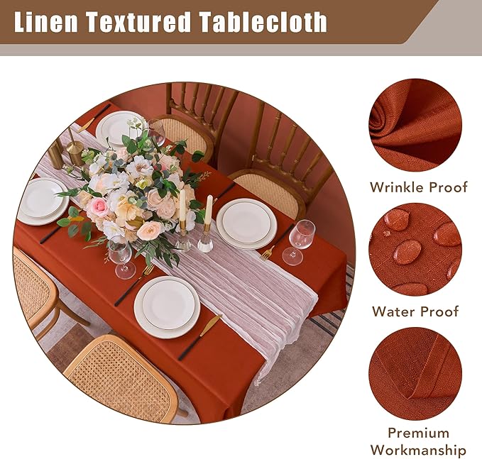 Fitable 2 Pack Faux Linen Fall Tablecloths, Wrinkle Proof Fabric Table Cloth Rectangle, Burlap Textured Table Covers for Thanksgiving Holiday Autumn Dinner Party Farmhouse (Rust, 60 x 84 Inch)