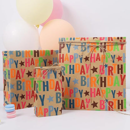LaRibbons Birthday Wrapping Paper Roll for Kids, 17 Inch x 16.5 Feet Kraft Gift Wrap Paper with Colorful Text Happy Birthday Pattern for Boys Holiday Party