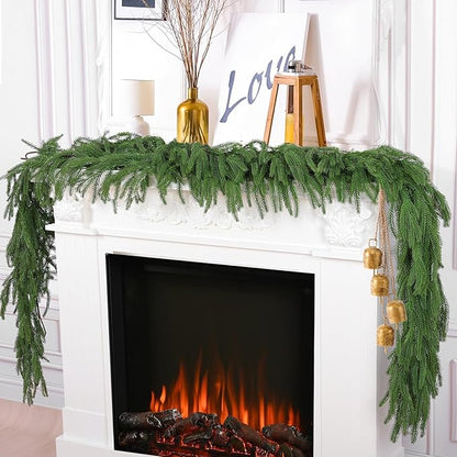 Hananona 2 Pcs 9 Ft Artificial Norfolk Pine Garlands, Real Touch Winter Pine Garland, Green Artificial Greenery Garland for Table, Mantle, Wall, Indoor, Outdoor Christmas Decorations (2, 9 Ft)