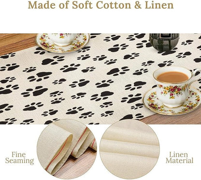 Dog Paws Table Runner,Cartoon Cute Black White Animal Footprints Abstract Tablecloth Burlap for Hotel Indoors Outdoor Dining Room Kitchen Home Decor,W13X L60 in