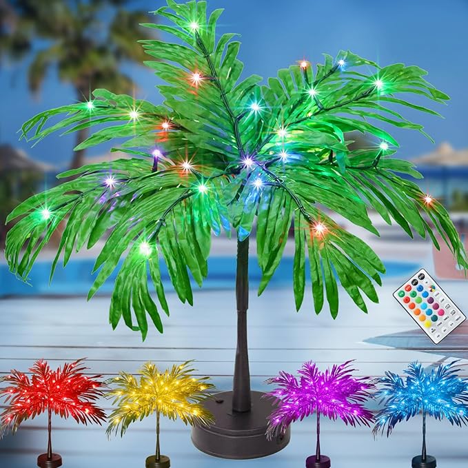 23In Color Changing Light Up Palm Tree - Battery/USB Powered Artificial LED Lights for Tropical Party Decorations, Luau Summer Hawaiian Home Table Top Decor