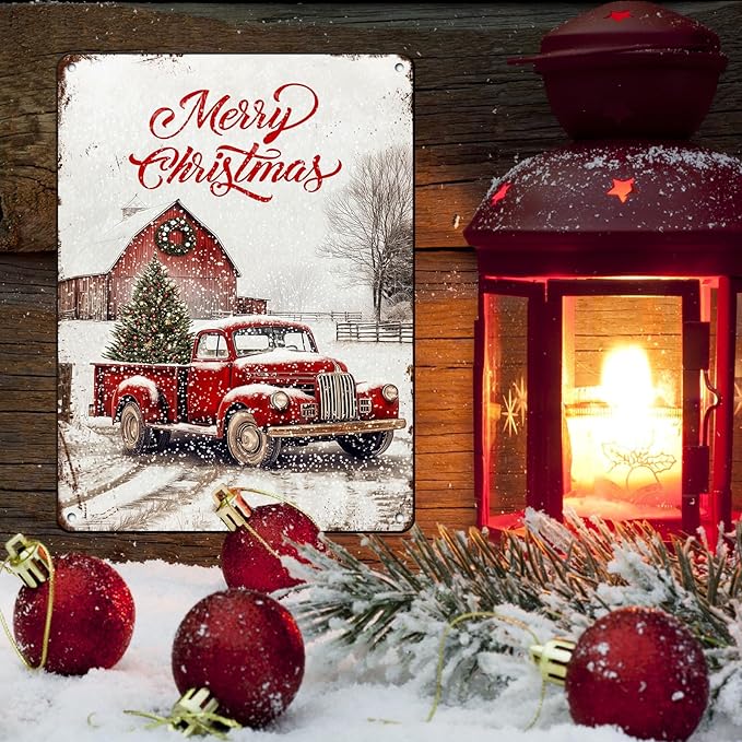 Vintage Christmas Red Truck Tin Sign Merry Christmas Truck Christmas Tree Metal Tin Sign Winter Rustic House Yard Xmas Pickup Holiday Wall Decorations Tin Sign 12x16Inch