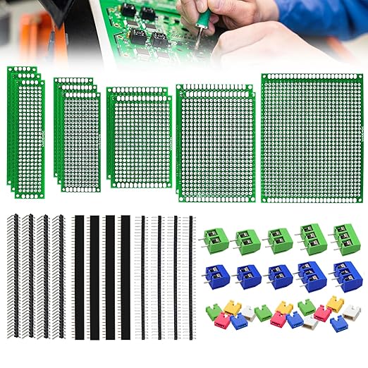 48PCS Double Sided PCB Board Kit for DIY Soldering and Electronic Project Circuit Boards Prototype Boards Compatible with Arduino Kits, 2.54mm Male and Female Header Connector