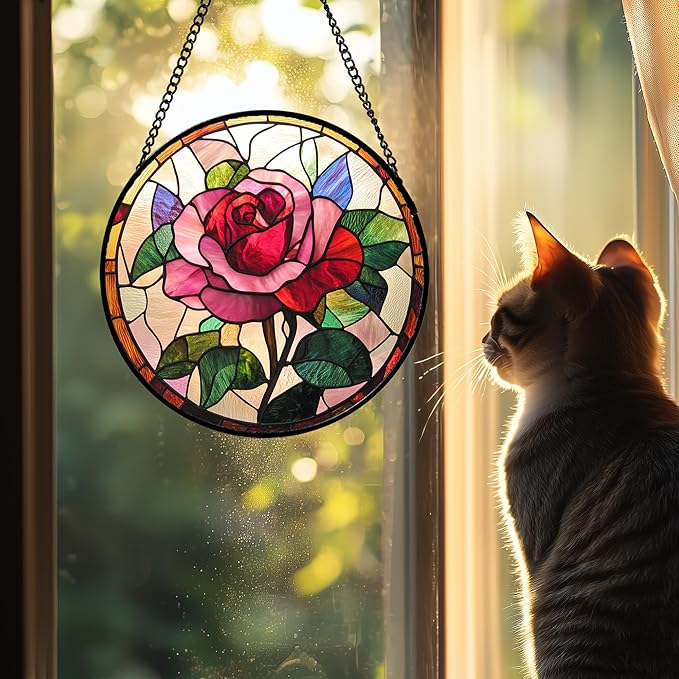 Stained Glass Window Hanging - Pink Rose Suncatcher for Door Garden Home Decor Birth Flower Sun Catcher Christmas Birthday for Friend Lovers Women Mom Nana 7.8 in